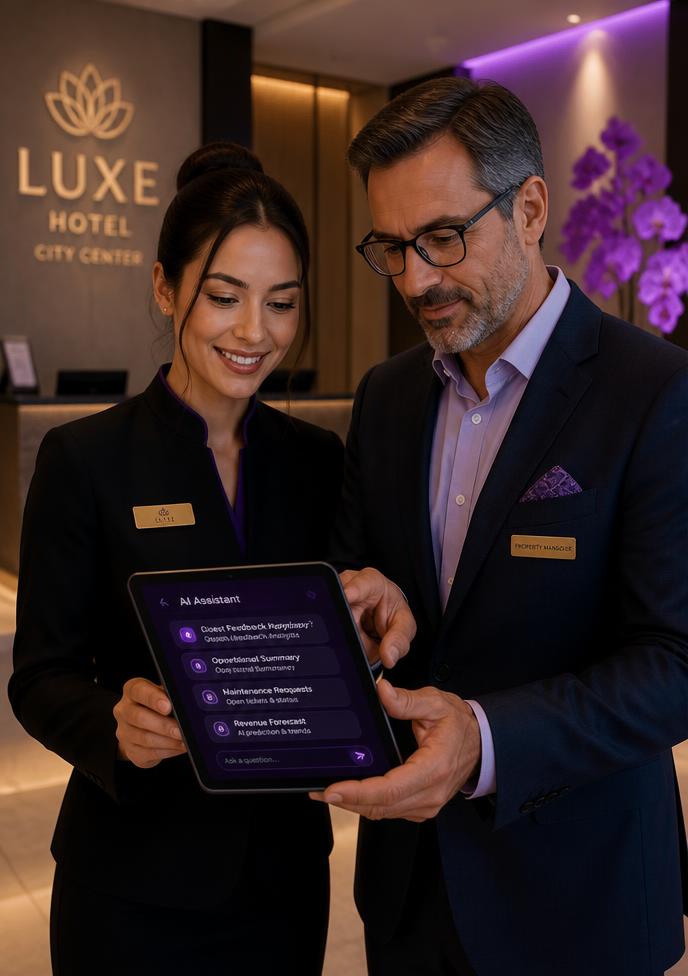 AI receptionist assisting a customer on a tablet